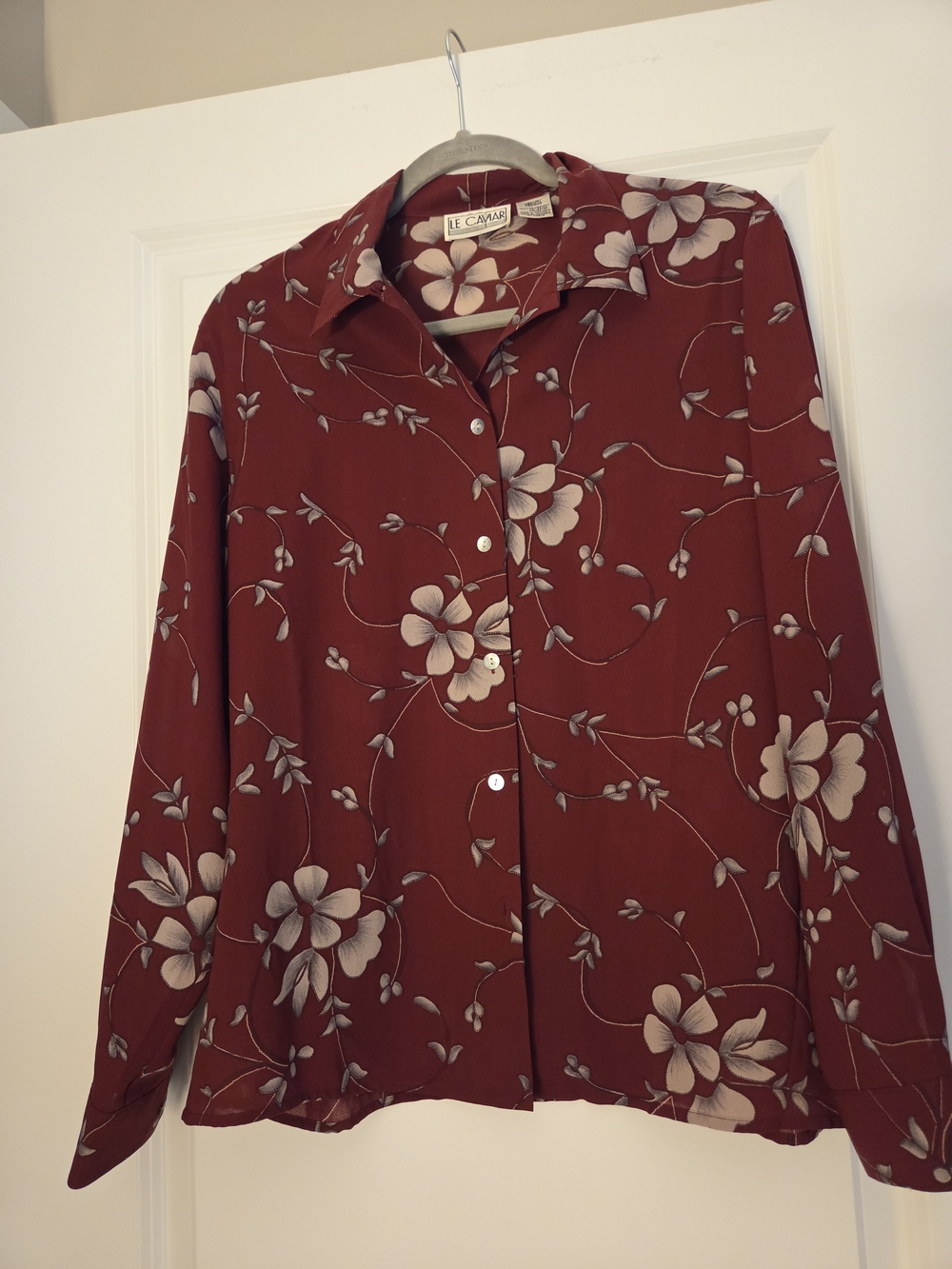 Le Caviar Wine Floral Button-Up Blouse